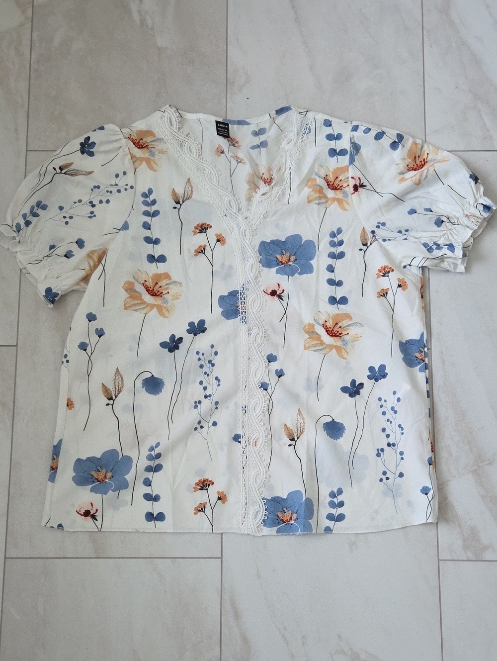 Floral Lace-Trim Short Sleeve Shirt - White with Blue & Beige Flowers